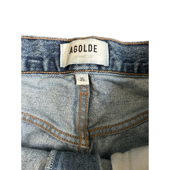 Agolde 90s High Rise Straight Jean Medium Indigo Knee Destruction Size 25 - Picture 5 of 13